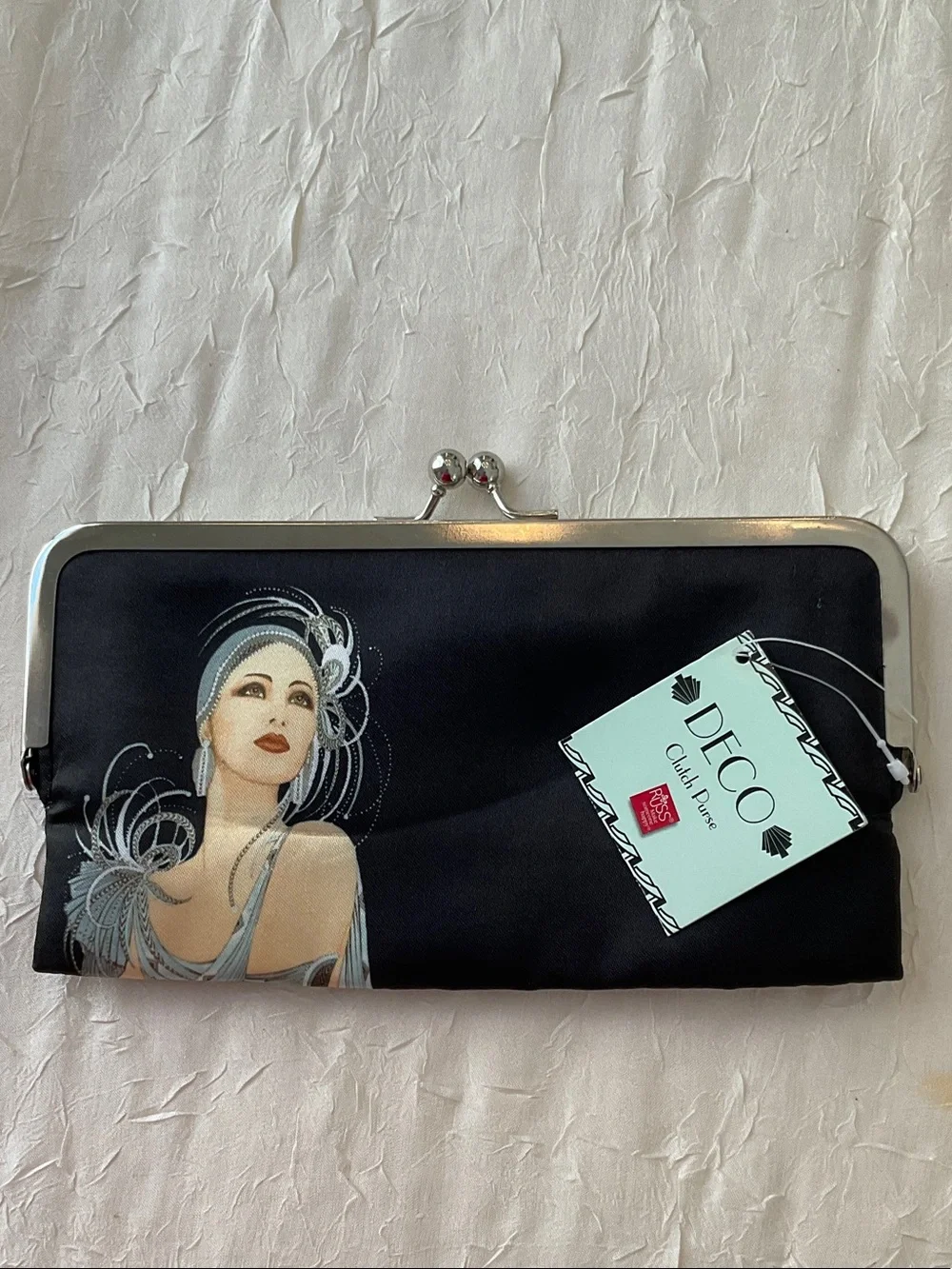 Vintage-Inspired Black Clutch with Art Deco Portrait